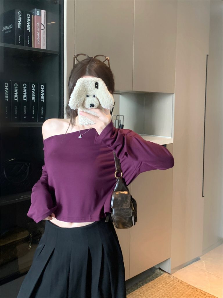 Women's Lyocell Linen Blend One-Shoulder Long-Sleeve Cropped Top Slimming Versatile Summer Tee