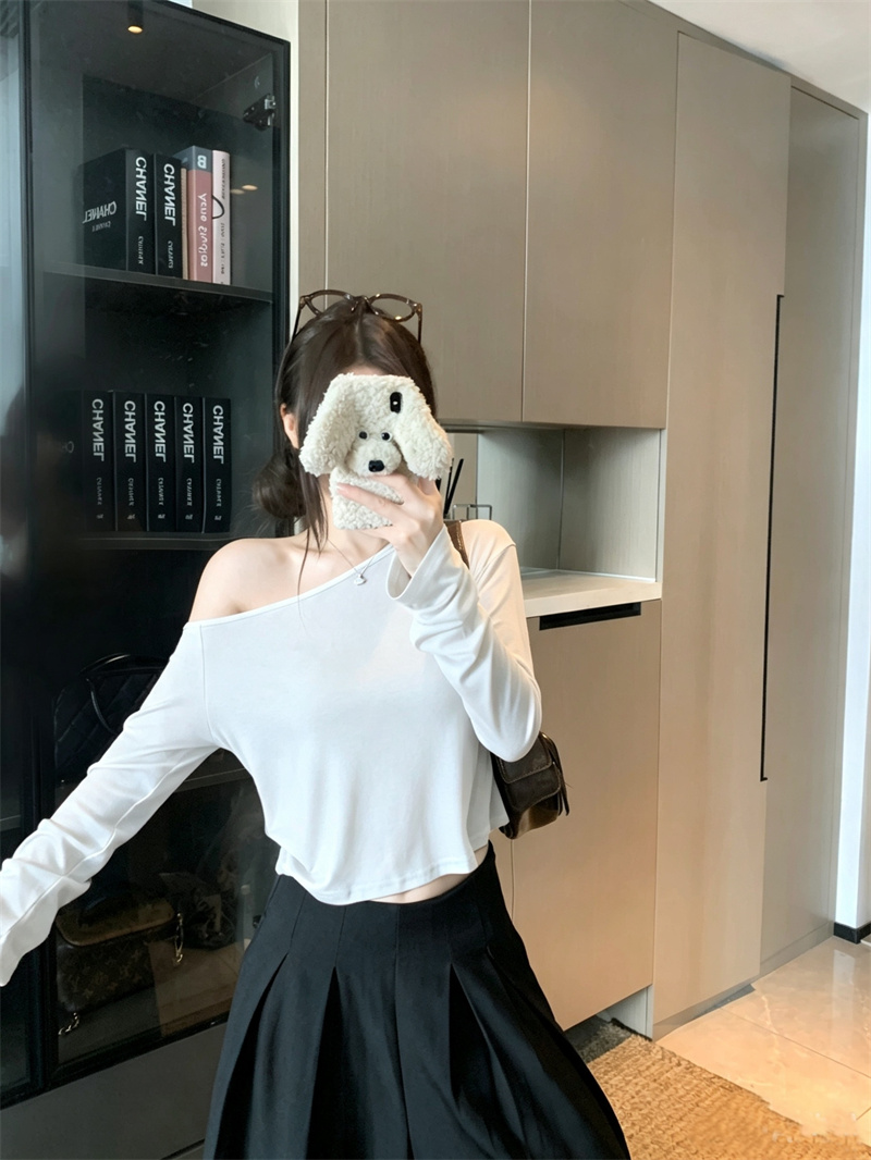 Women's Lyocell Linen Blend One-Shoulder Long-Sleeve Cropped Top Slimming Versatile Summer Tee - Image 2