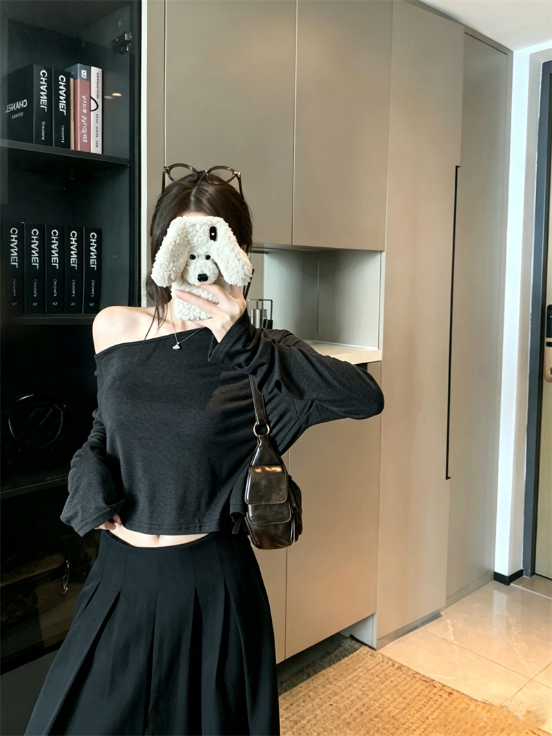 Women's Lyocell Linen Blend One-Shoulder Long-Sleeve Cropped Top Slimming Versatile Summer Tee - Image 3