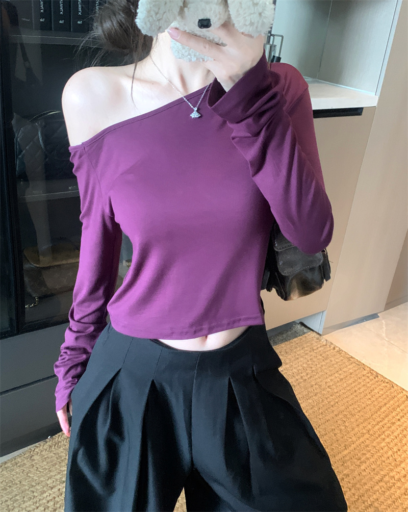 Women's Lyocell Linen Blend One-Shoulder Long-Sleeve Cropped Top Slimming Versatile Summer Tee - Image 4