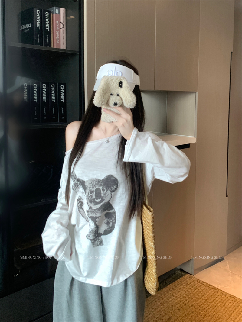 Koala Print One-Shoulder Long-Sleeve T-Shirt for Women Summer Loose Fit