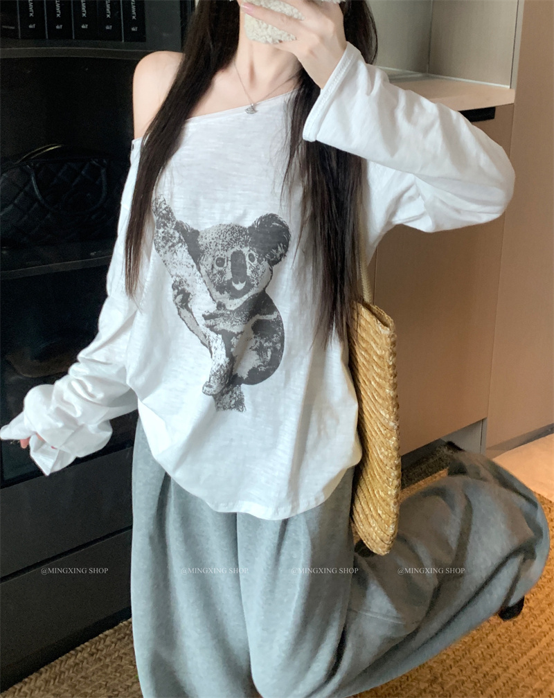 Koala Print One-Shoulder Long-Sleeve T-Shirt for Women Summer Loose Fit - Image 2