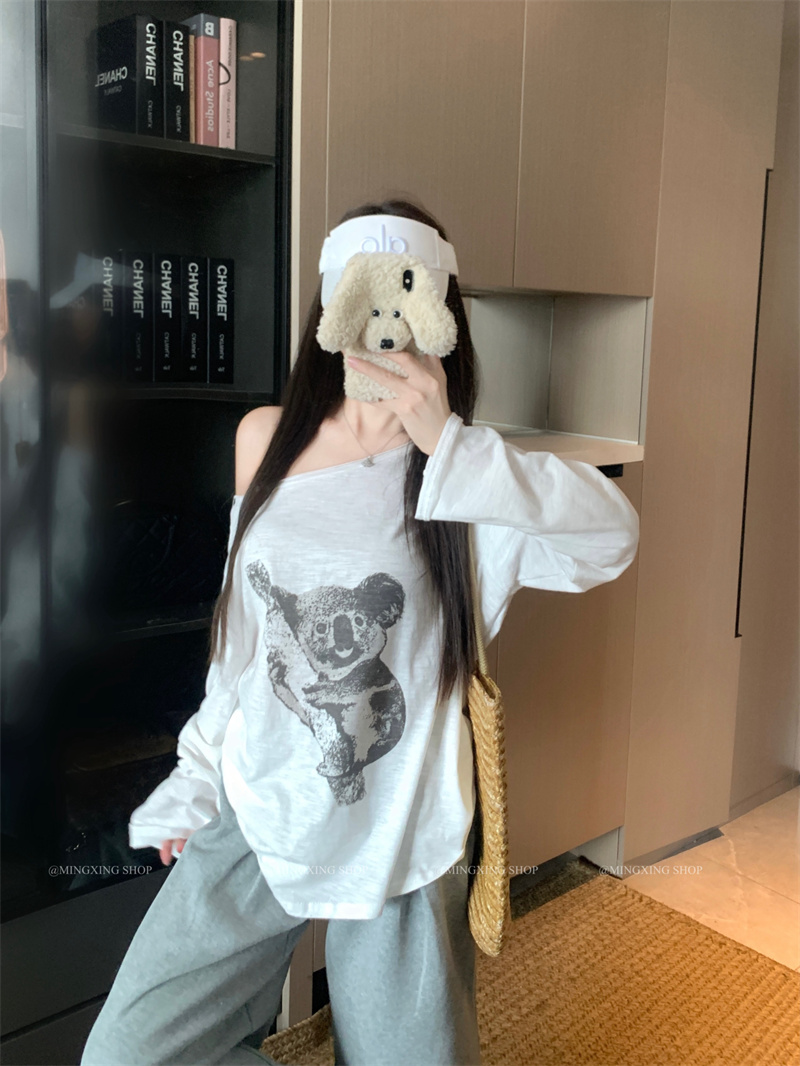 Koala Print One-Shoulder Long-Sleeve T-Shirt for Women Summer Loose Fit - Image 3