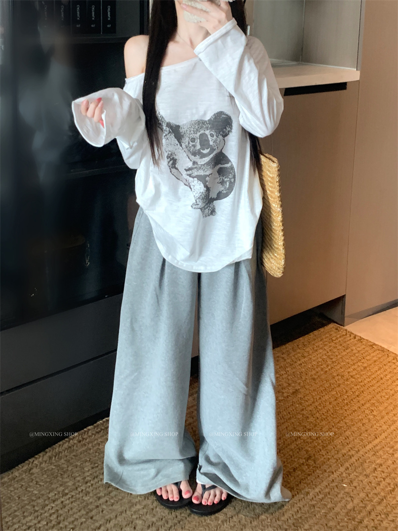 Koala Print One-Shoulder Long-Sleeve T-Shirt for Women Summer Loose Fit - Image 4