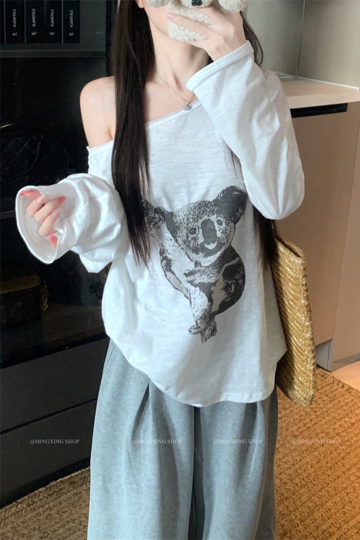 Koala Print One-Shoulder Long-Sleeve T-Shirt for Women Summer Loose Fit - Image 5