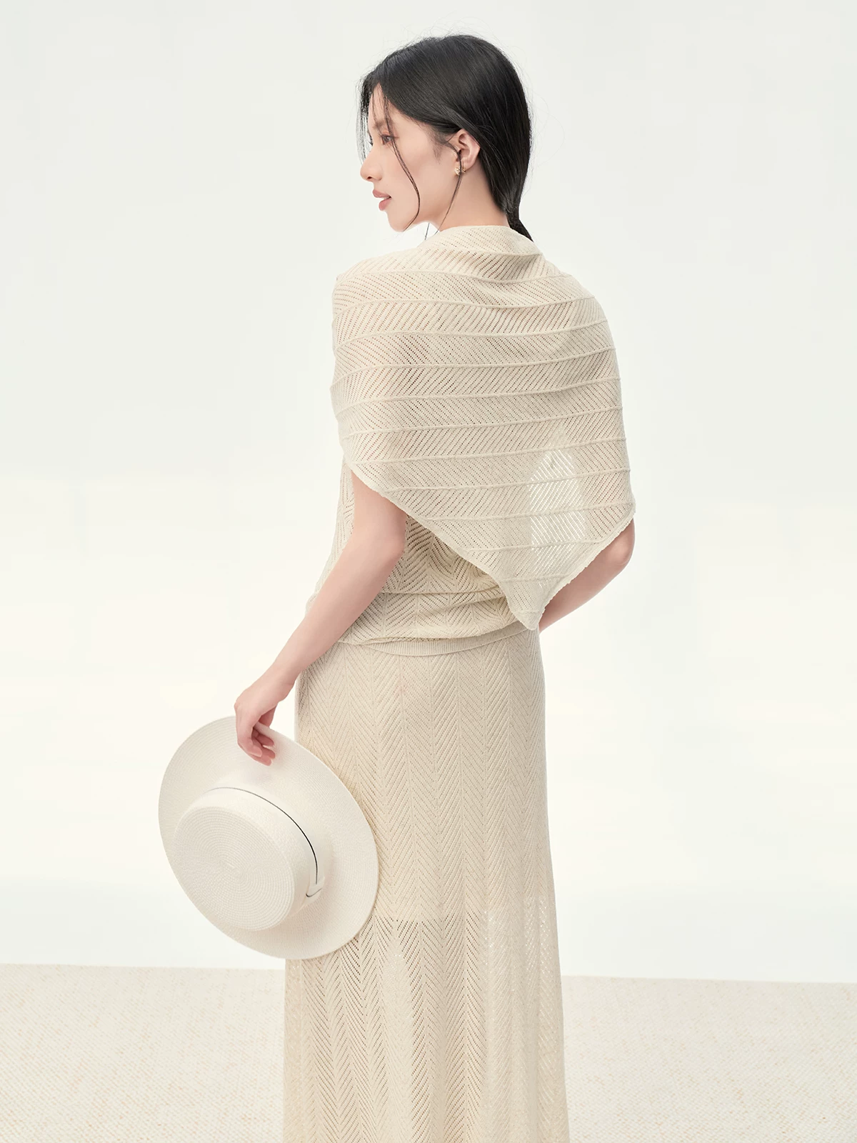 TOUCHIN HAUTE Lyocell Linen Blend Openwork Knit Vest Shawl Skirt Set - Image 3