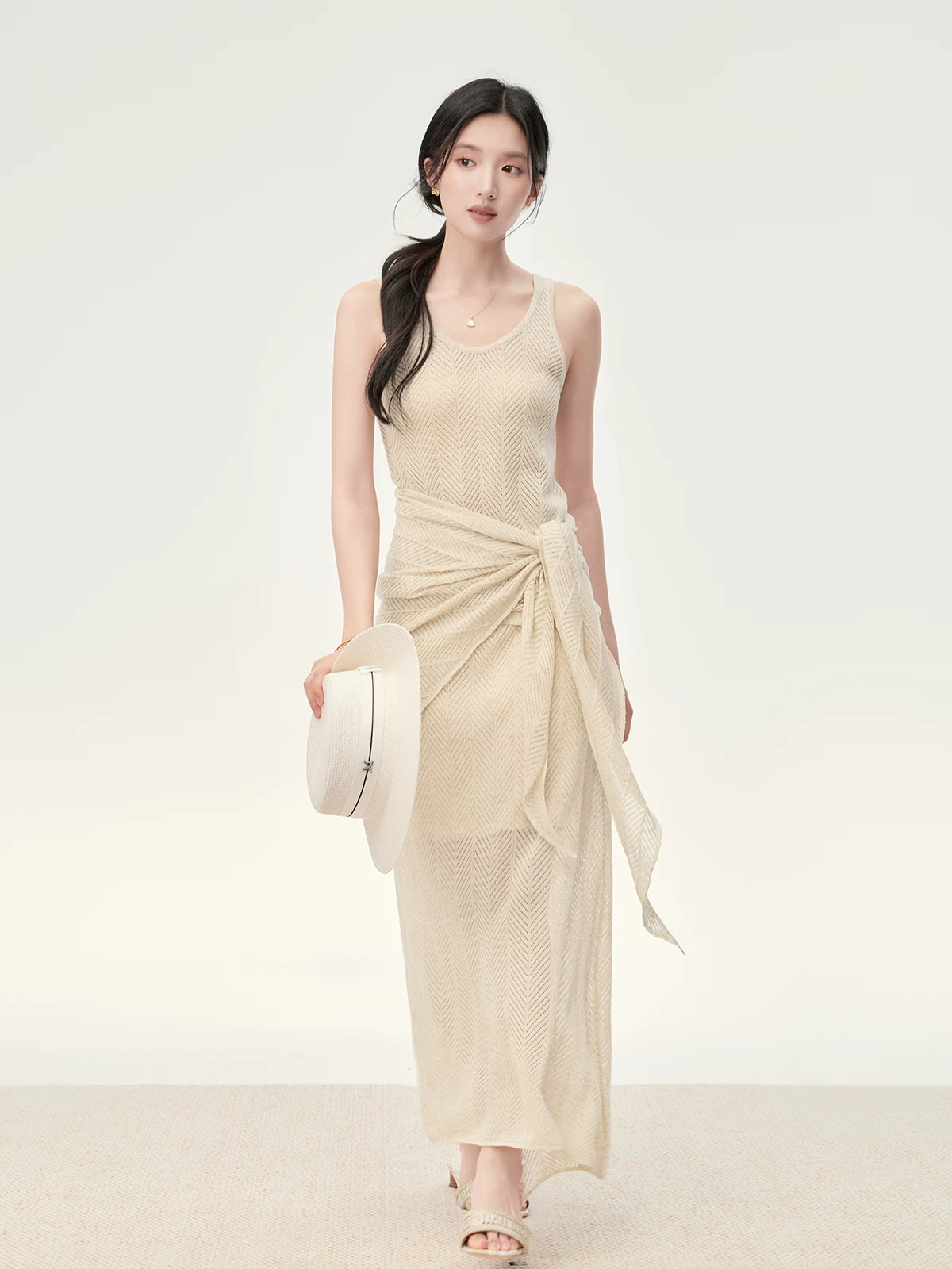 TOUCHIN HAUTE Lyocell Linen Blend Openwork Knit Vest Shawl Skirt Set - Image 2