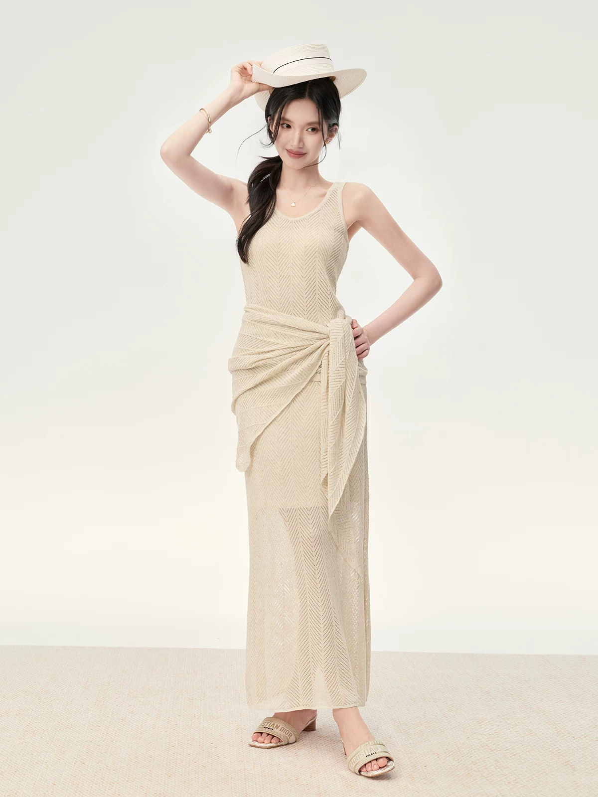 TOUCHIN HAUTE Lyocell Linen Blend Openwork Knit Vest Shawl Skirt Set