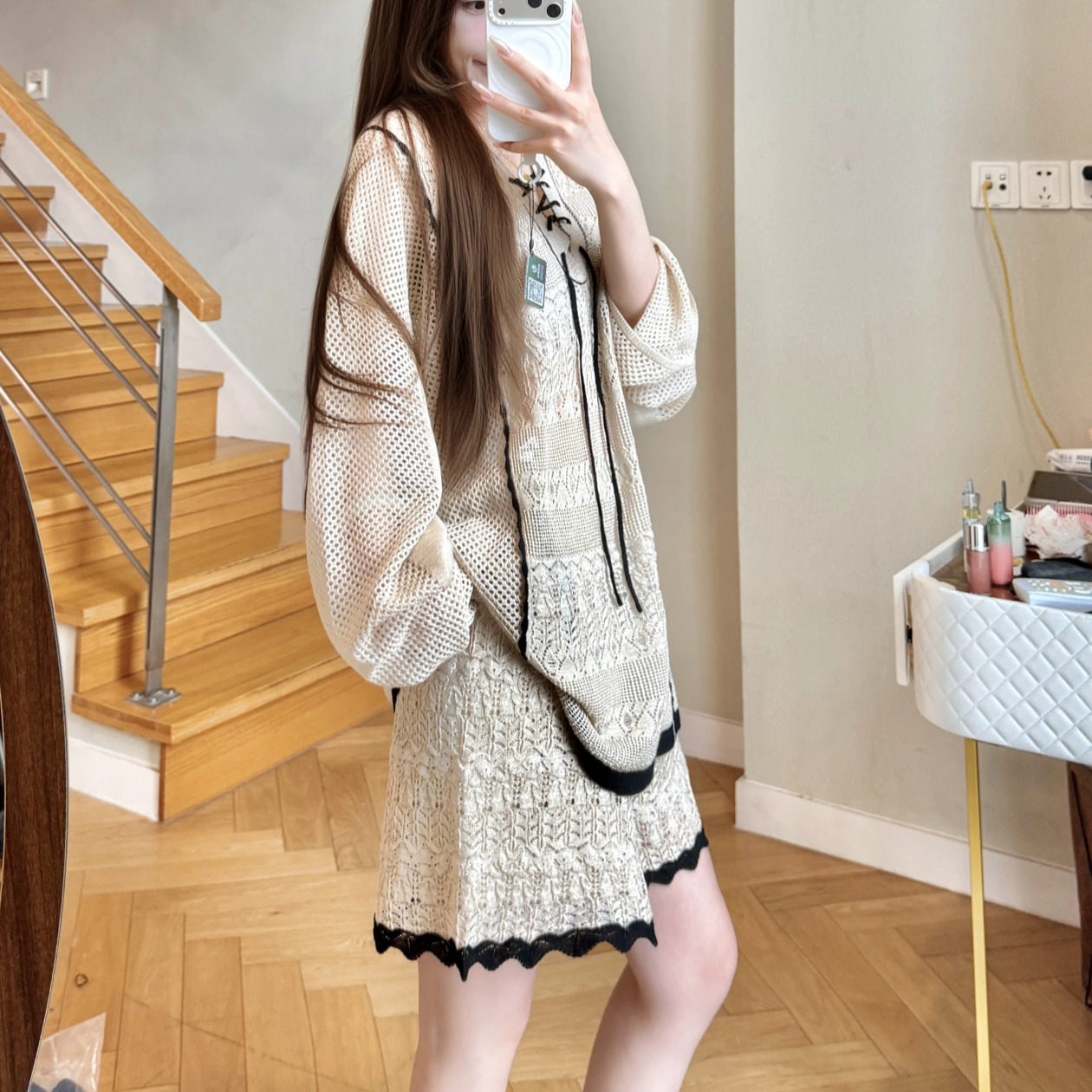 Women's Knit Two-Piece Set with Shorts in Beige Apricot - Image 5