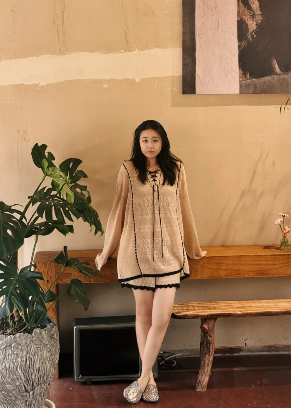 Women's Knit Two-Piece Set with Shorts in Beige Apricot