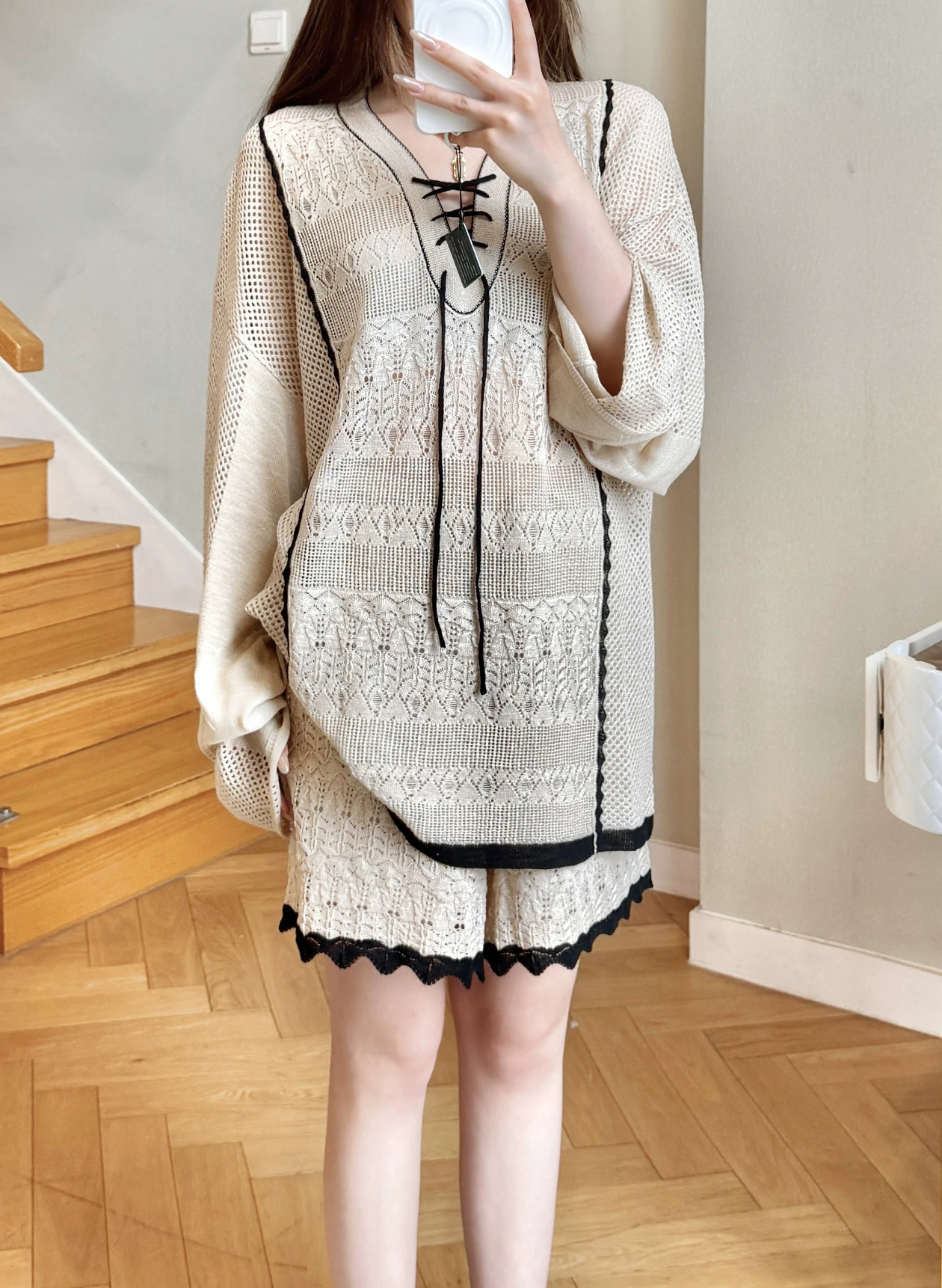 Women's Knit Two-Piece Set with Shorts in Beige Apricot - Image 3