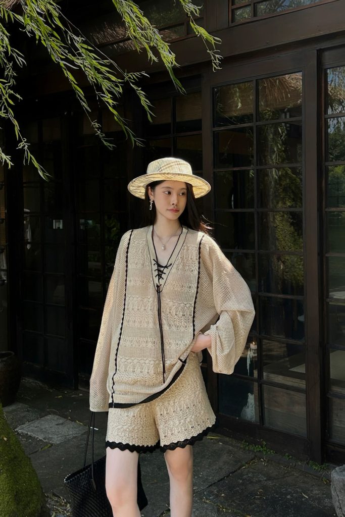Women's Linen Lyocell White V-Neck Loose Long Sleeve Knit Top and Shorts Set Fall 2026